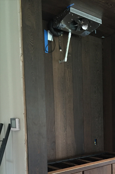 cooling system, wood panel, fan, chrome, blue tape, dark wood, thermostat, drywall, cubby, power plug